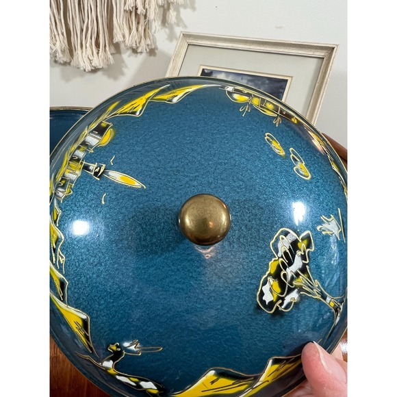 VTG Sabra Israel Hand-Painted Brass Enamel Covered Dish on Pedestal  (3948)